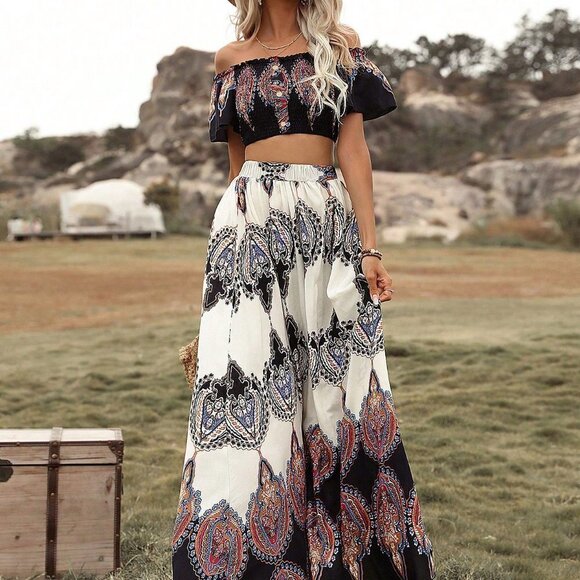 Multicolor Boho Womens Geo Print Shirred Detail Crop Top & Skirt - Picture 2 of 5